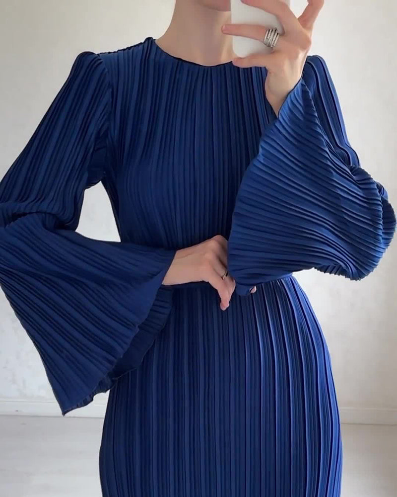 Pleated Bell Sleeve Back Tie Up Maxi Dress