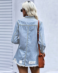Button Denim Jacket Distressed Ripped Long Sleeve Cute Jean Coat