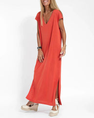 Casual V-neck Short Sleeve Loose Fit Slit Dress