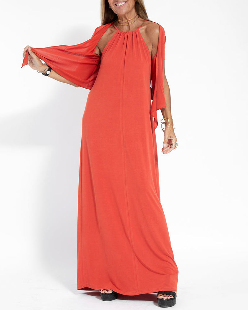 Two-piece Halterneck Tie Sleeveless Long Dress and Irregular Cardigan Set