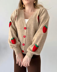 Casual Two Pieces Sets Strawberry Pattern Sweater Cardigan and Long Pants