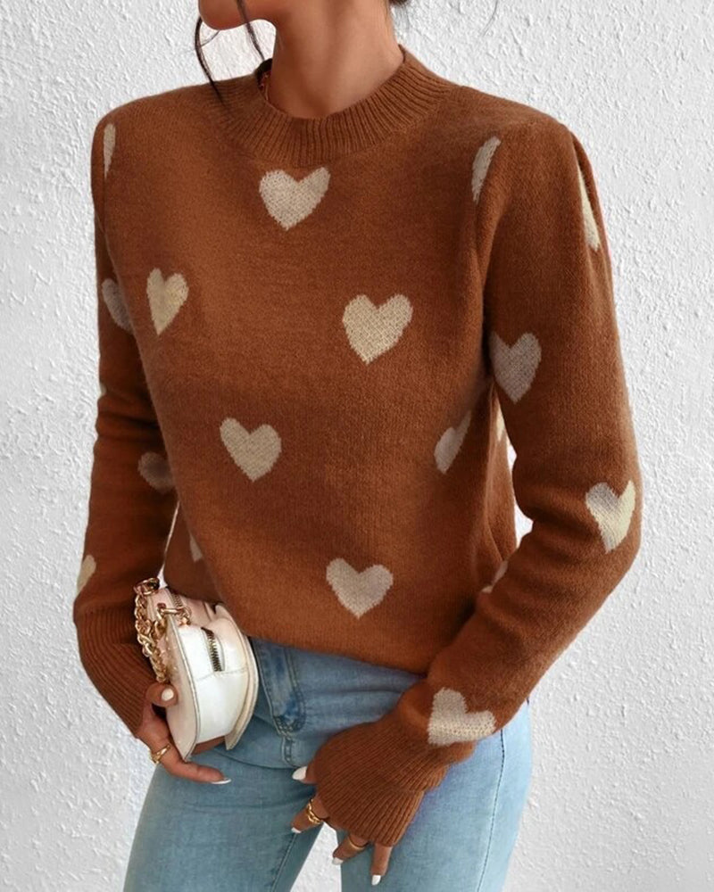 Casual Slim Peach Heart Pattern Long Sleeve Sweater