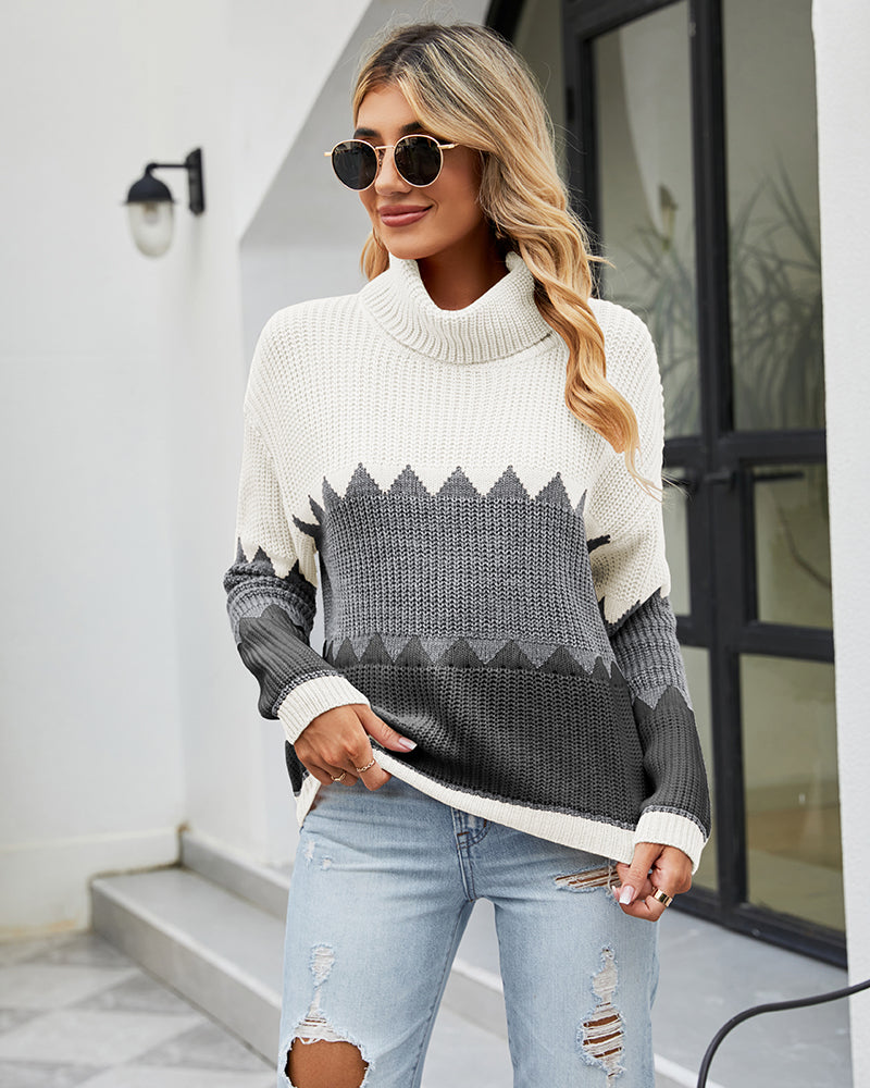 Color Block Rib-Knit Turtleneck Dropped Shoulder Sweater