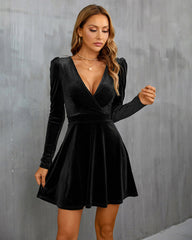 Sexy V Neck Long Sleeve Velvet Mini Dress