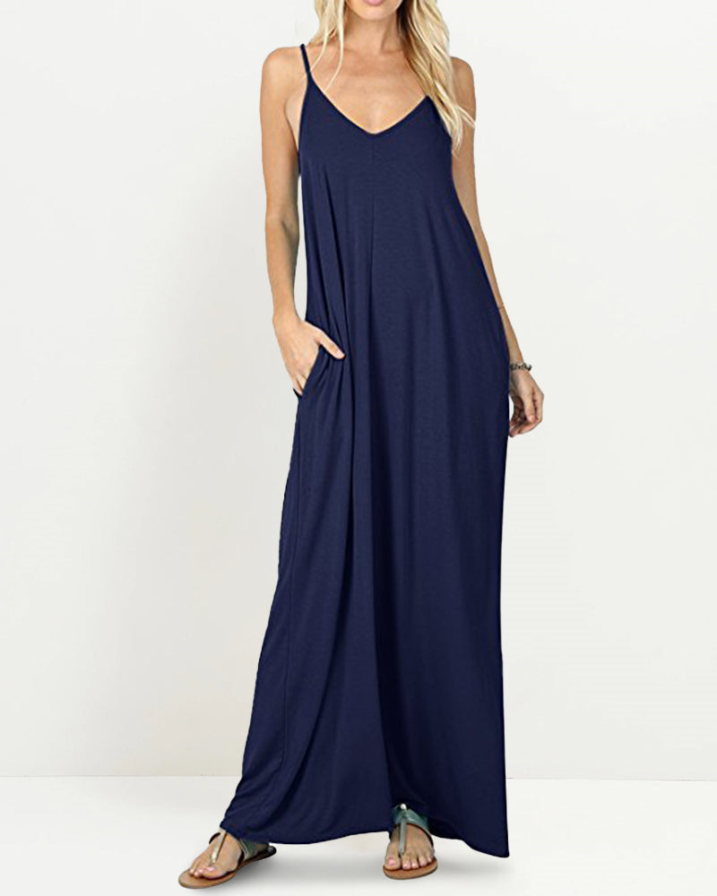 Casual Flowy Pockets Loose Beach Sleeveless Cami Maxi Dresses