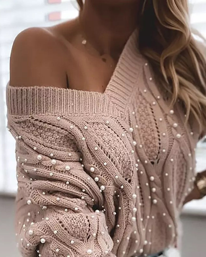 Sexy Twist V-neck Beads Long-sleeved Knit Sweater