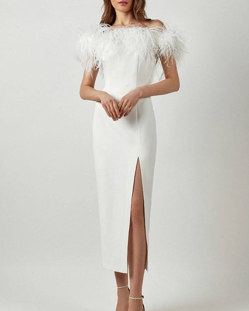 Off Shoulder Faux Fur Split Long Dress Wedding Evening Party Dress