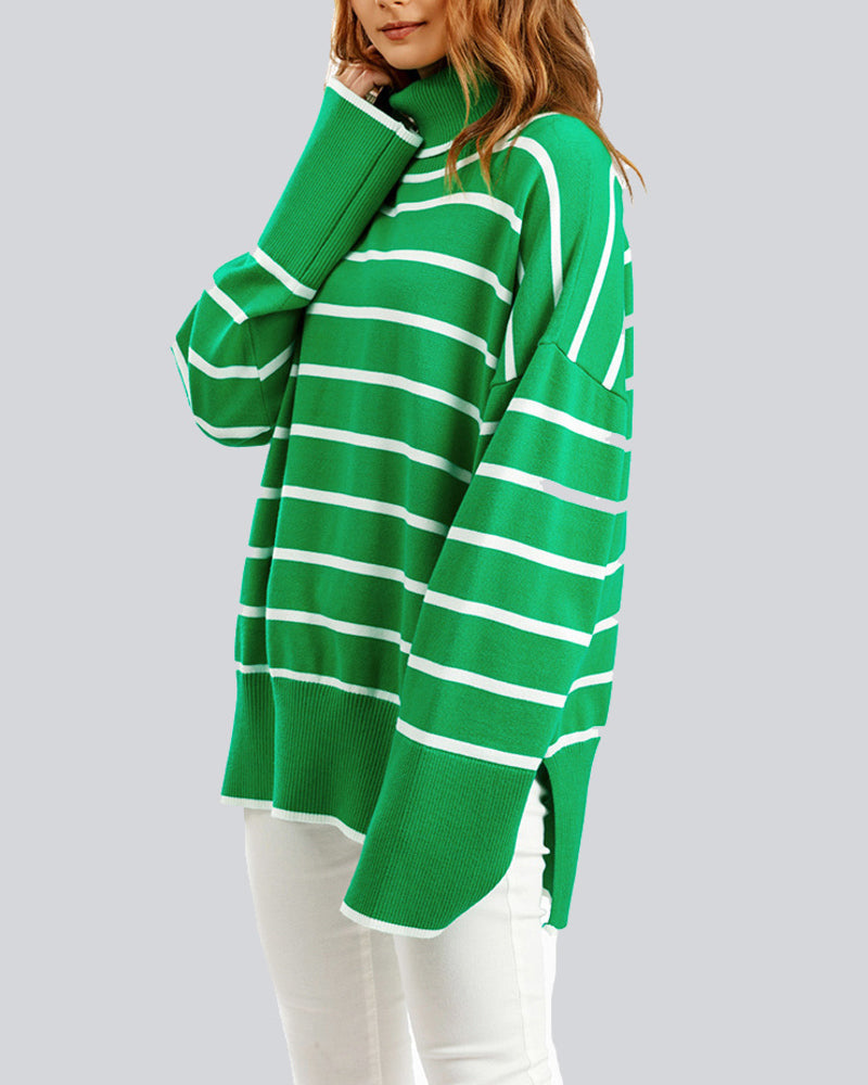 Striped Sweater Casual Turtleneck Knit Pullover Jumper Tops