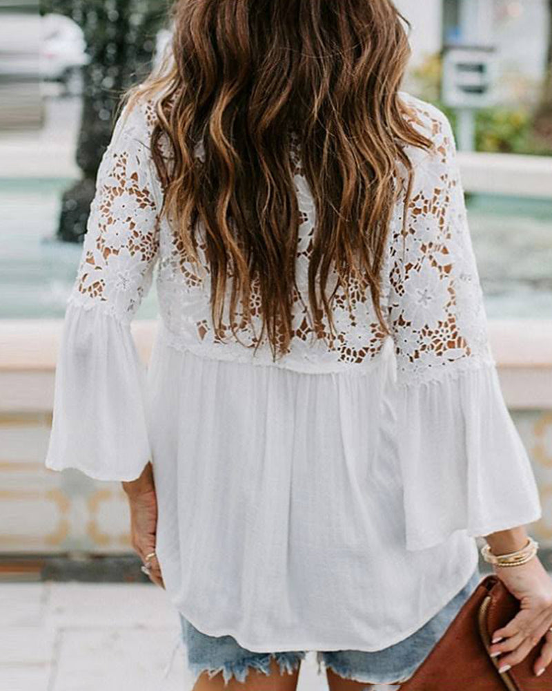 Lace Boho Blouses Crochet Flowy Bell Sleeve Button Down Casual T Shirts