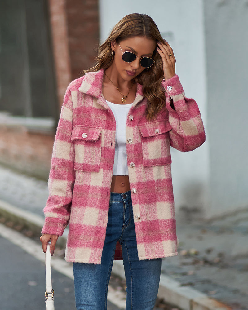 Plaid Fuzzy Longline Jacket with Pockets