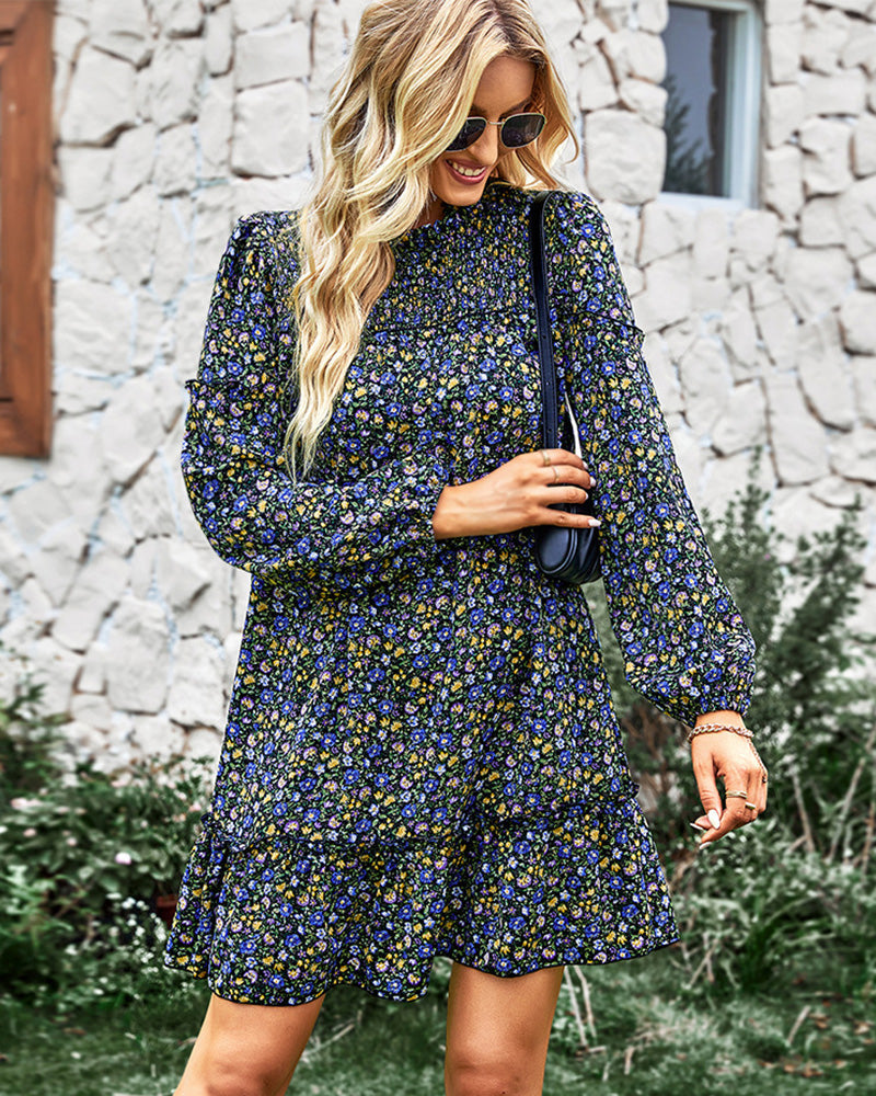 Long Sleeve Dress Boho Floral Ruffle High Neck Mini Dress Casual Loose Pleated Flowy Dresses