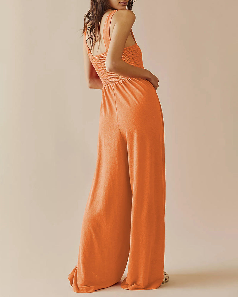 Spaghetti Strap Jumpsuit Casual Sleeveless Ruffled with Pockets High Waist Loose Wide Leg Pants Romper