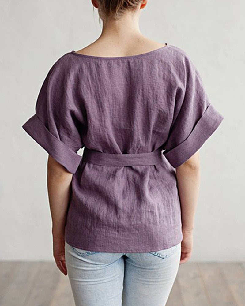 Tie Belt Loose Tunic Blouse Casual Half Sleeve Kimono V-Neck Linen Top