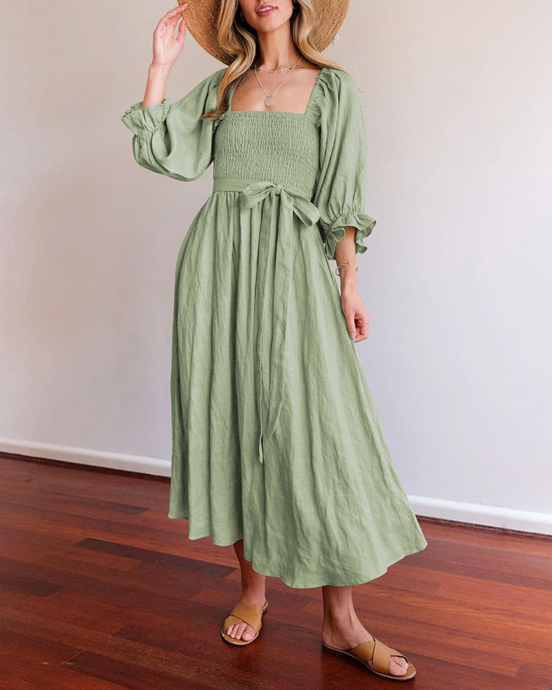 Rope Belt Ruffle Balloon Sleeve Dress Multi-Wear Elegant Midi Dress