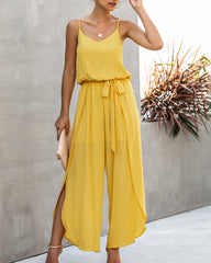 V-neck Suspenders Wide-leg Side Slit Women's Jumpsuit