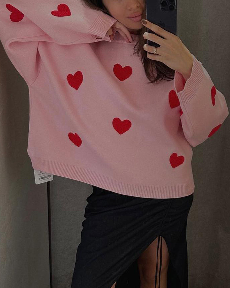 Heart Pattern Embroidered Crew Neck Sweater