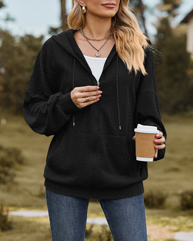 V-Neck Zipper Closure Solid Color Long Loose Hoodie Jacket