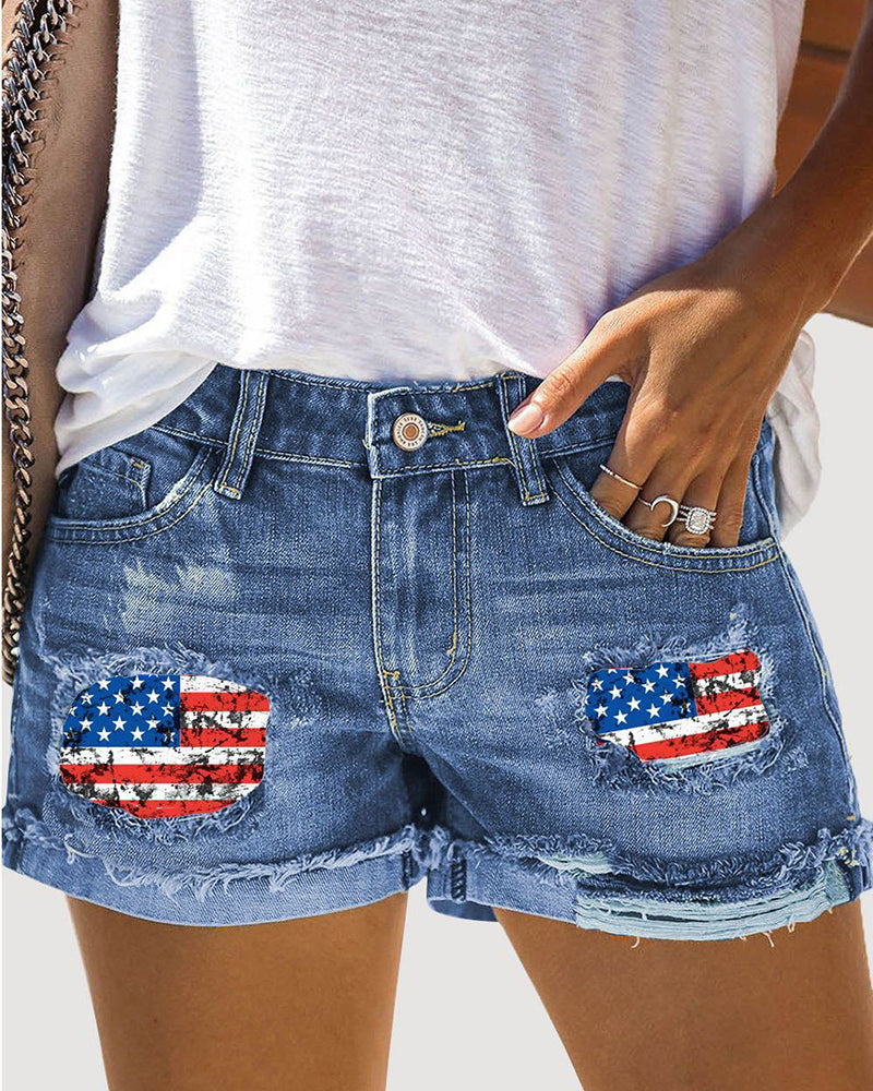 Independence Day American Flag Ripped Destroyed Slim Butt Lift Shorts Jeans