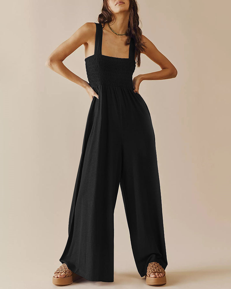 Spaghetti Strap Jumpsuit Casual Sleeveless Ruffled with Pockets High Waist Loose Wide Leg Pants Romper