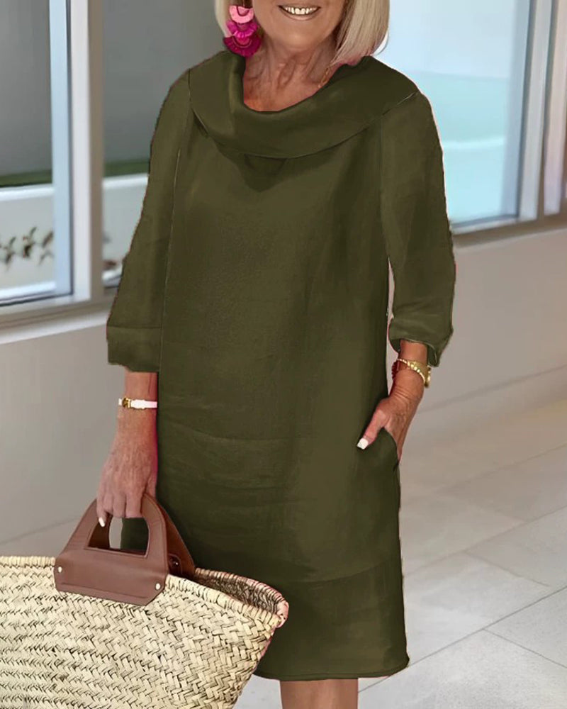 Stitching Round Neck Casual Style Solid Color Long Sleeve Dress