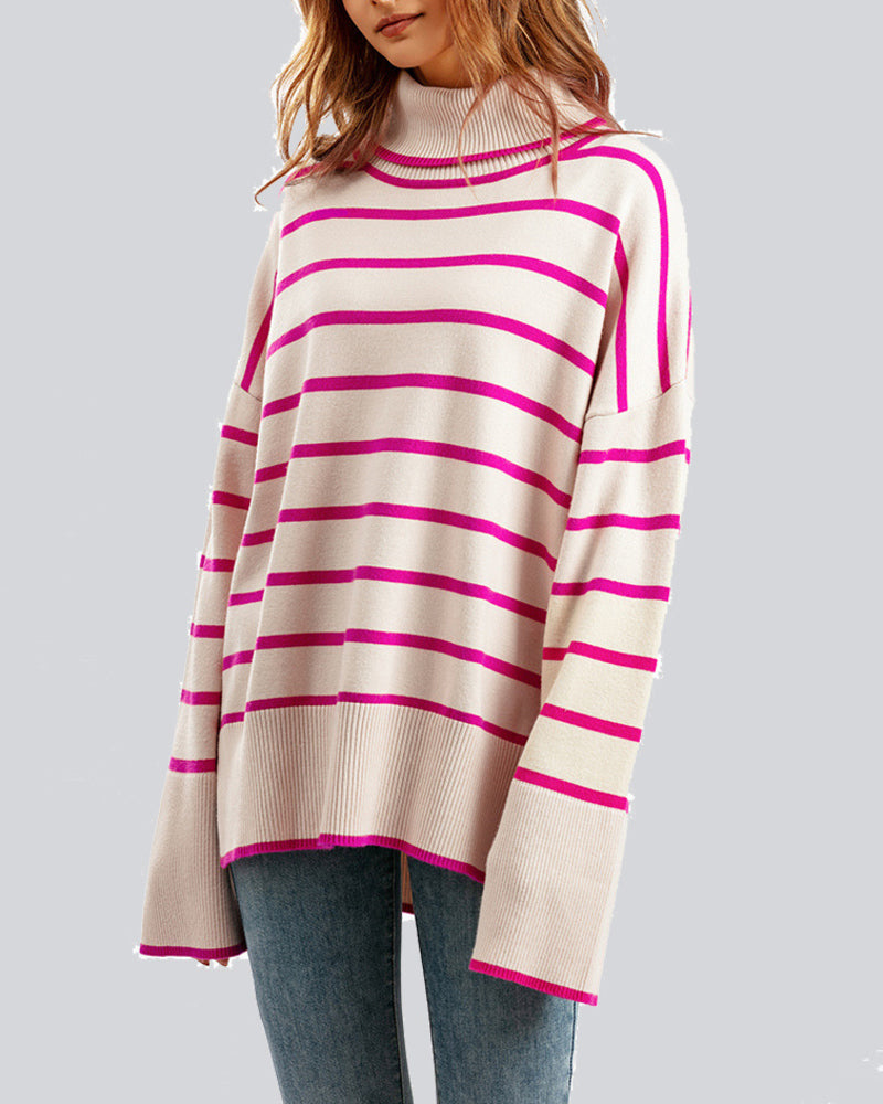 Striped Sweater Casual Turtleneck Knit Pullover Jumper Tops