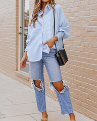 Stripe Button-Down Long Sleeve Shirt Contrast Business Casual Top Loose Blouse