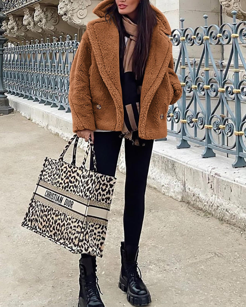 Lapel Fleece Jacket Long Sleeve Pockets Faux Fur Dressy Fall Outfits
