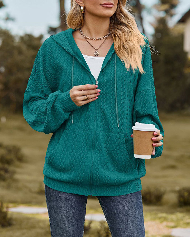 V-Neck Zipper Closure Solid Color Long Loose Hoodie Jacket