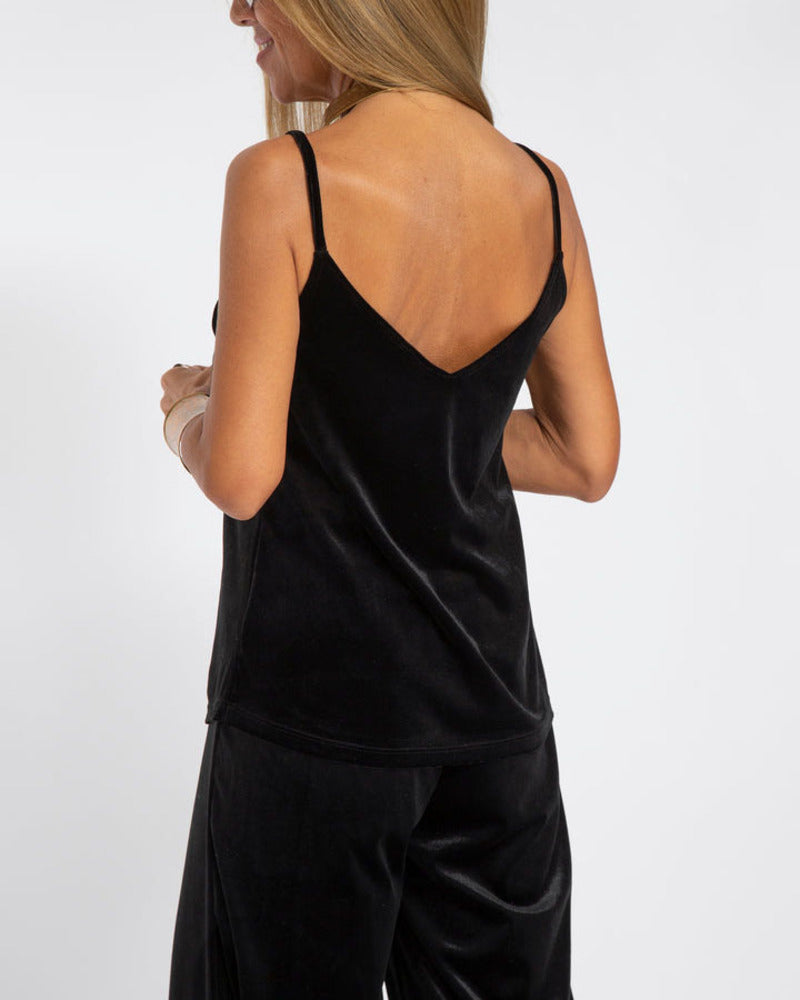 Casual Two Piece Set Black Velvet Strapless Top and Pants Set