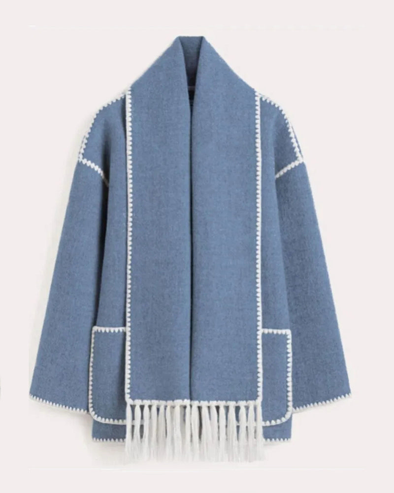 Women's Thickened Loose Woolen Coat with Fringed Scarf