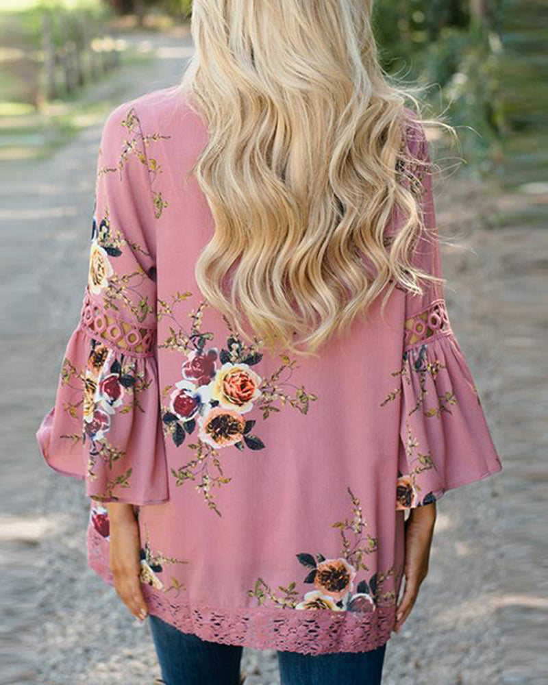 Flare Sleeve Floral Print Lace Blouse Cardigan