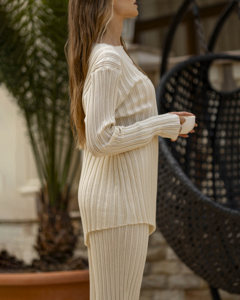 Casual Knitted Two-piece Set Irregular Split Hem Sweater and Wide-leg Pants