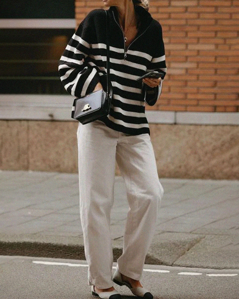 Mock Neck Zip-Up Striped Pullover Sweater