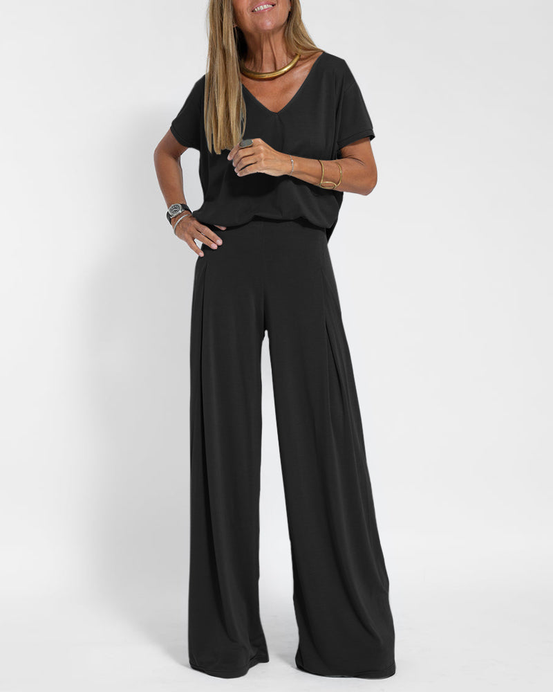 Casual Two Pieces Set Short Sleeve V neck Tops and Wide Leg Long Pants