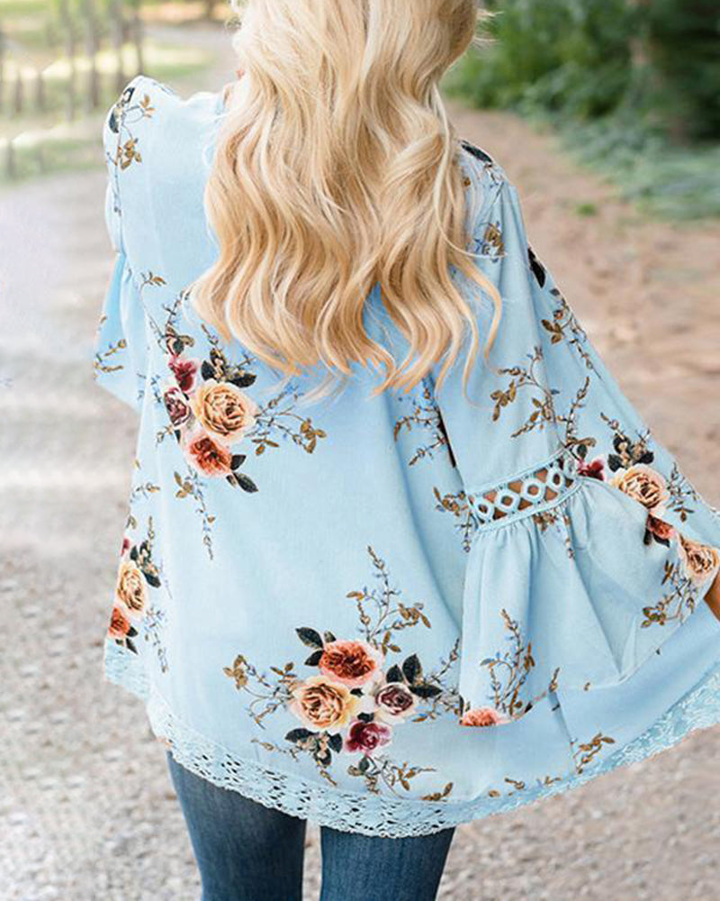 Flare Sleeve Floral Print Lace Blouse Cardigan