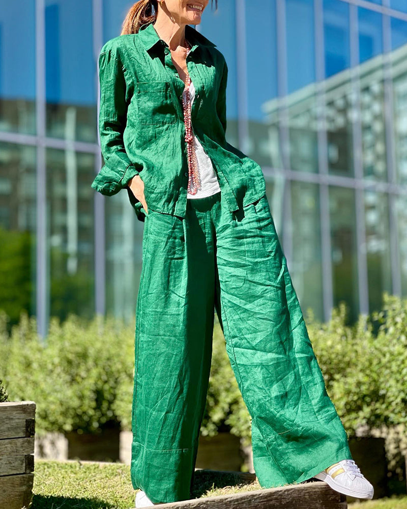 Two-Piece Casual Set Button-Up Shirt and High-Waisted Wide-Leg Pants
