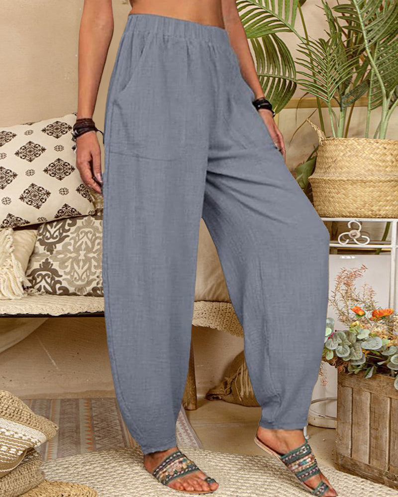 Long Elastic Loose Casual Trousers Harem Pants Pockets Wide Leg Pants