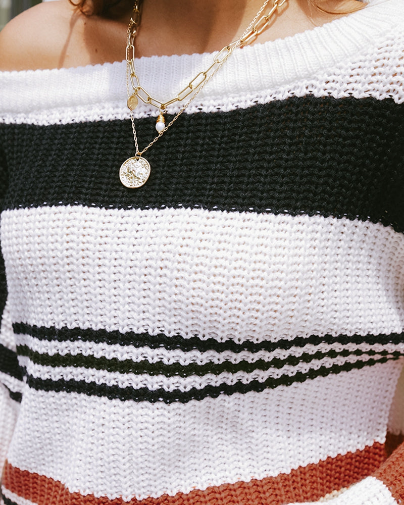 Striped Drop Sleeve Round Neckline Sweater