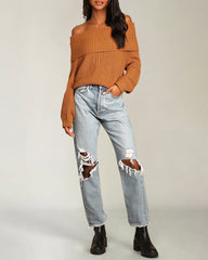 Off-The-Shoulder Slim Warm Slim Soft Style Long Sleeve Knitted Pullover