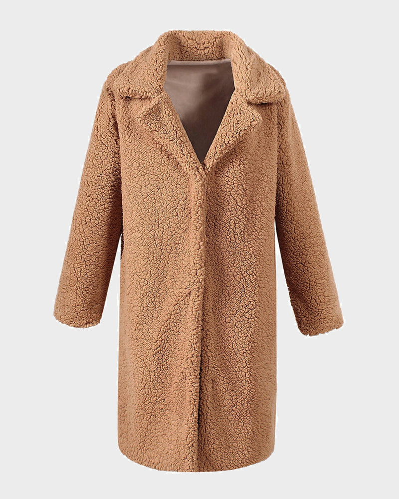 Faux Fur Plush Coat Open Front Solid Long Teddy Overcoat