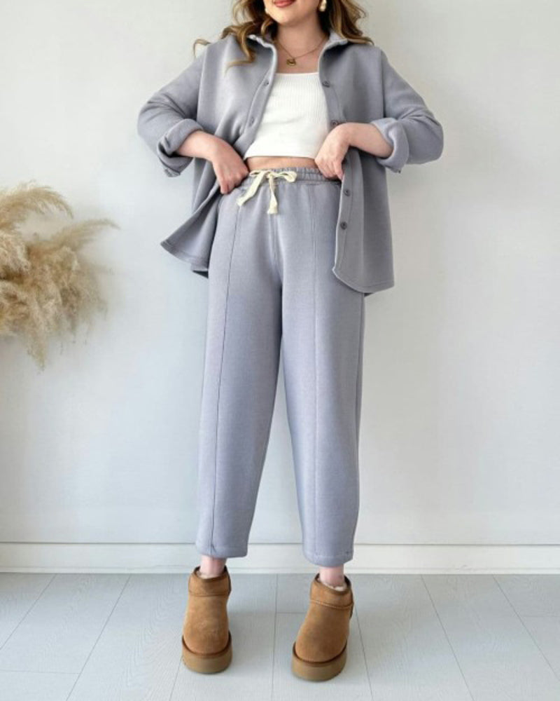 Simple Casual Two-Piece Set with Fleece Inside Lapel-Neck Shirt+Wide-leg Pants