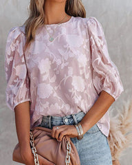 Five Quarter Sleeves Puff Sleeves Round Neck Top Chiffon Loose Flower Texture Casual Shirt