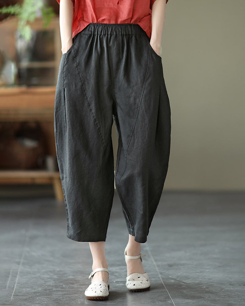 Loose Stitching Solid Color Elastic Waist Cropped Harem Pants