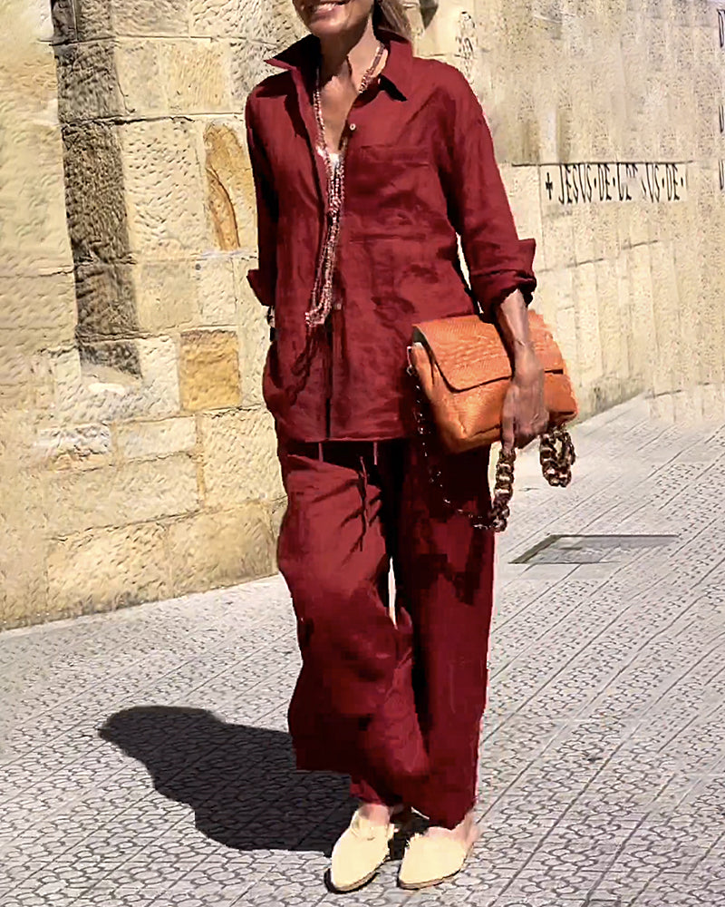 Two-Piece Casual Set Button-Up Shirt and High-Waisted Wide-Leg Pants