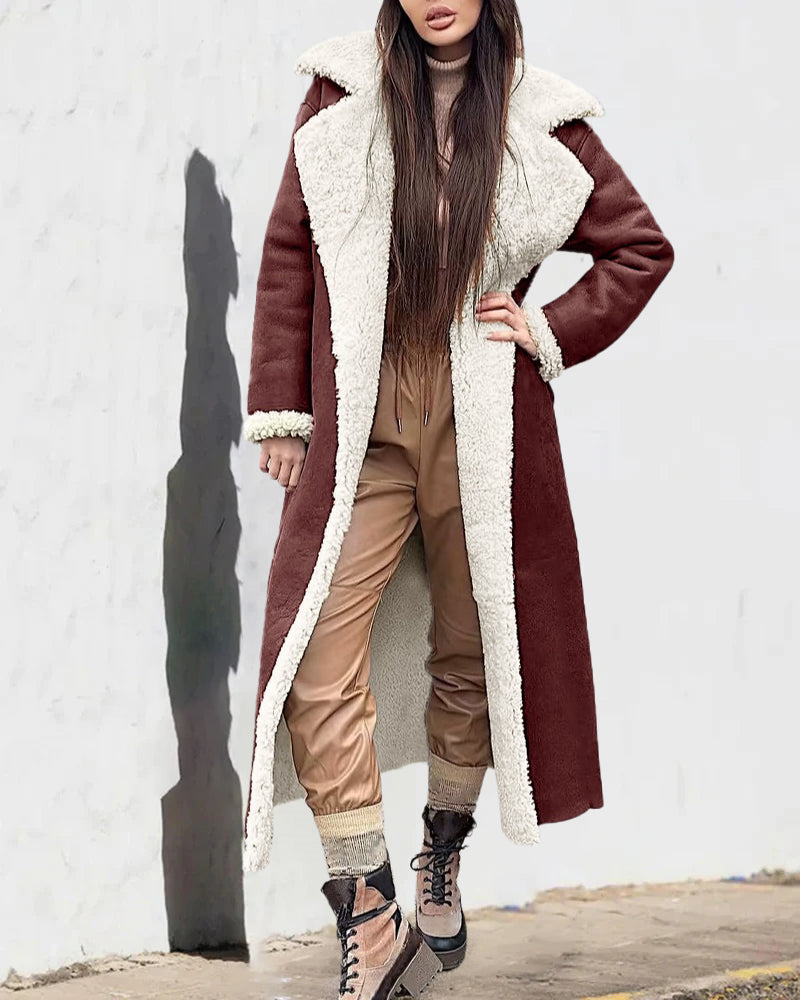 Faux Suede Drop Shoulder Pocket Longline Shearling Coat