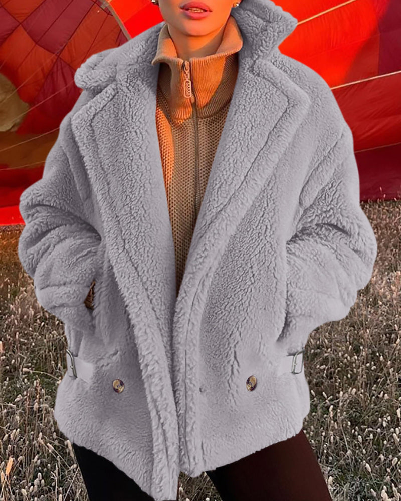 Lapel Fleece Jacket Long Sleeve Pockets Faux Fur Dressy Fall Outfits
