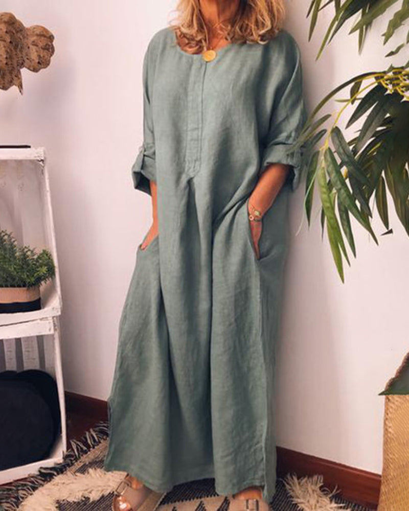 Long Sleeve Solid Color Plus Size Loose Fit Maxi Cotton Linen Dress Round Neck Button Up Dresses with Pocket