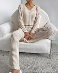 Women's Two Pieces Sets Ribbed Knit V-Neck Long-Sleeve Top & Pants Set