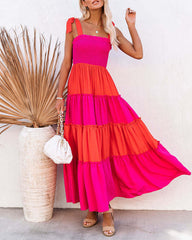 Sleeveless Elegance Suspender Dress with Splicing Wooden Ears Colorblock Maxi Dress