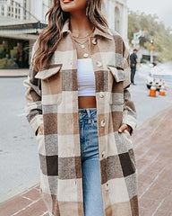 Knee Length Lapel Plaid Flannel Shirt Jacket